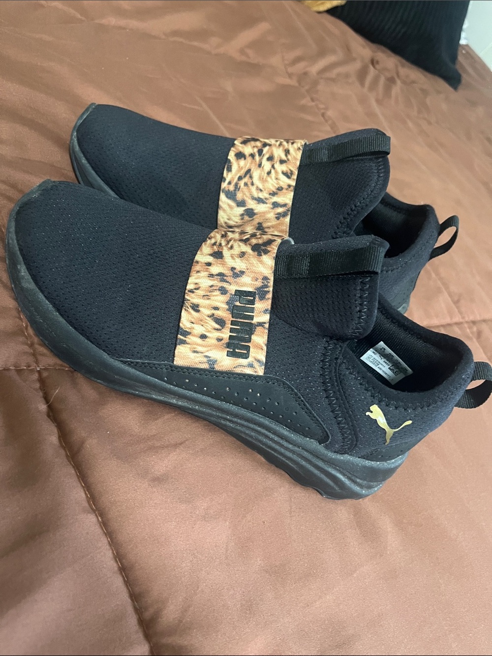 Puma Kids Black Slip-On Sneakers with Leopard Print Strap